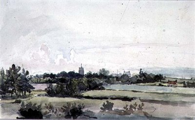 Suffolk Landscape, Fields with a belt of Trees, a Church Tower, Houses and a Windmill by Thomas Churchyard